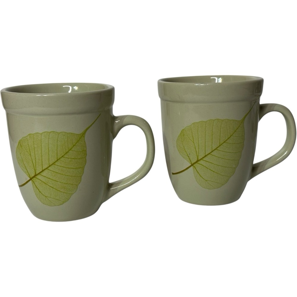 Pier 1 Aspen Mug Green Leaf Stoneware Coffee Tea Set‎ of 2
